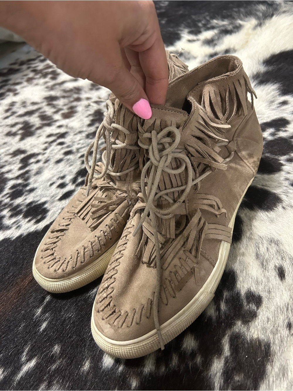 Qupid Tan Suede Fringe Lace-Up Moccasins
